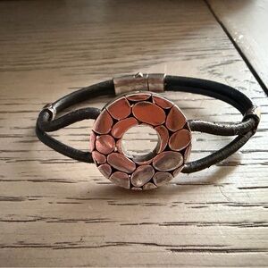 John Hardy Black Leather Bracelet with Silver-Toned Donut Motif